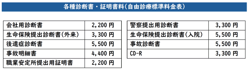 各種診断書・証明書料